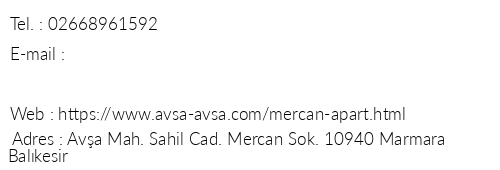 Ava Mercan Apart telefon numaralar, faks, e-mail, posta adresi ve iletiim bilgileri